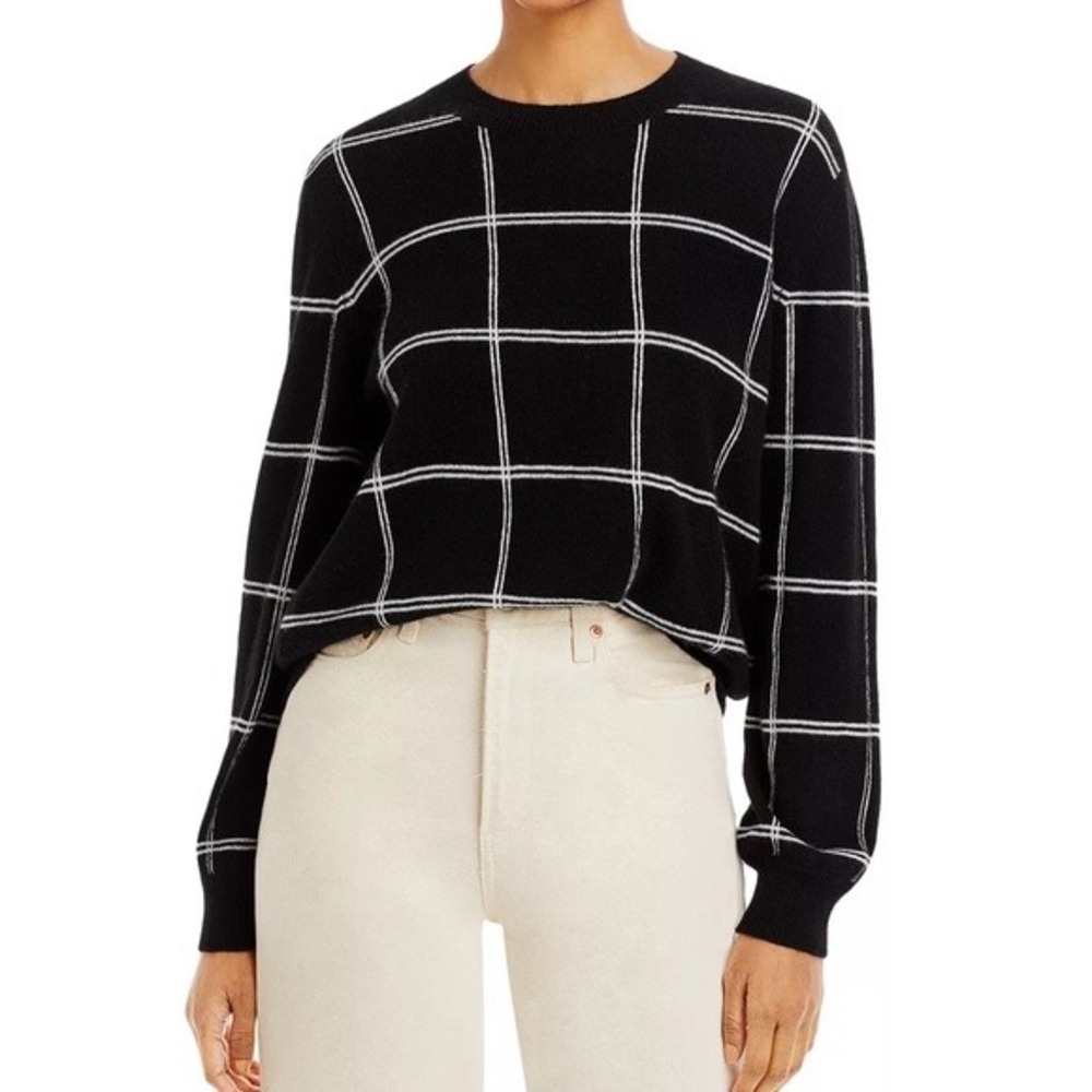 Aqua Cashmere Sweater Black White Windowpane Grid Crewneck Size Medium